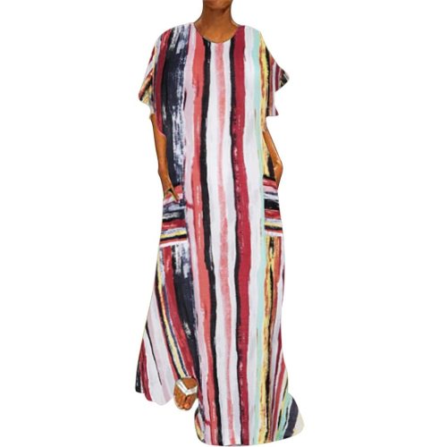 Vintage Stripe Print Vintage Print Casual Retro Cotton Maxi Robe Tunic Floral Big Plus Size Maxi Dresses