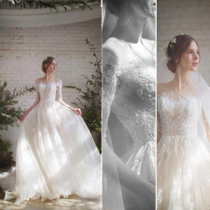 2019 Wedding Dress Lace Three Quarter Sleeves Sweep/ Brush Train Crost Back Ball Gown Princess Vintage Bride Dress