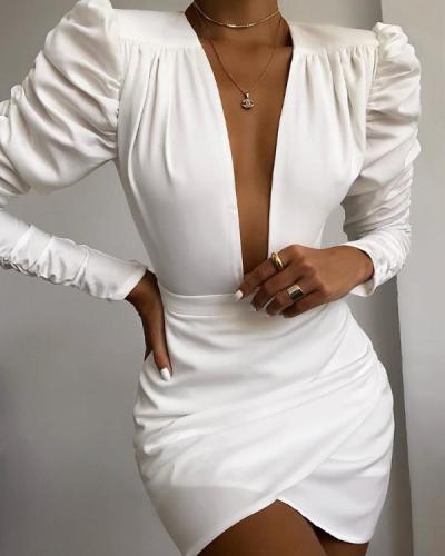 Solid Puff Sleeve Ruched Bodycon Dress