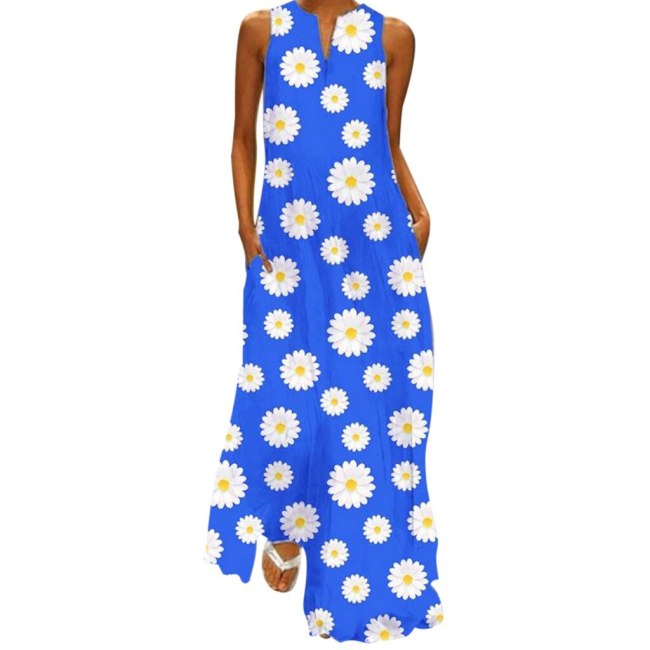 V-neck Sleeveless Sexy Print Drsses Plus Size Loose Casual Long Flowers Dresses Summer Maxi Dresses