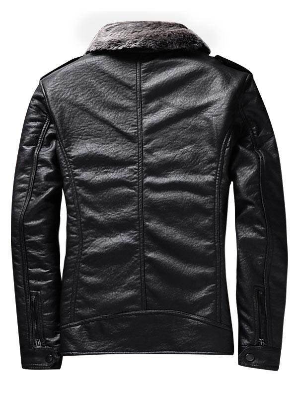 Men's Embroidery Faux Fur Collar Pockets Fleece PU Jacket