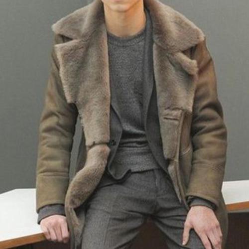 Mens plush lapel mid-length coat