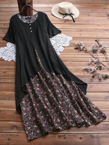 Summer Floral Print Layer Vintage Plus Size Maxi Dress