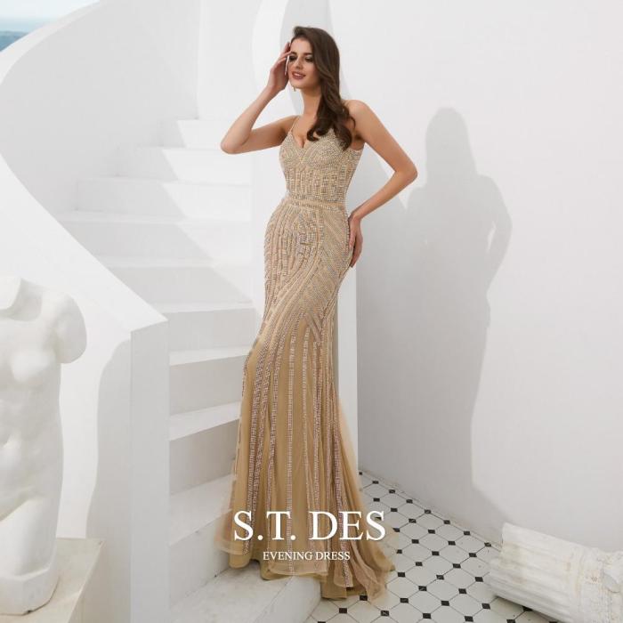 2020 S.T.DES Sexy Full Sequined Beaded Stripe Spaghetti Prom Dress  Sweetheart Sweep Train Evening Dress Woman robe de soiree