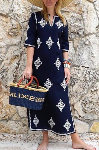 Fashion Half Sleeves Embroidered Maxi Vacation Dress