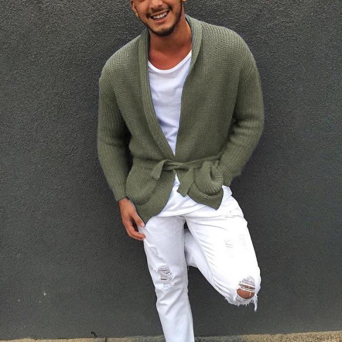 Men's Casual Pure Colour Belted Knit Cardigan