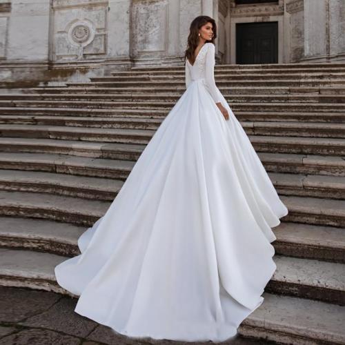 Verngo A-line Wedding Dress Ivory Satin Wedding Gowns Elegant Long Sleeve Bride Dress Abito Da Sposa 2020