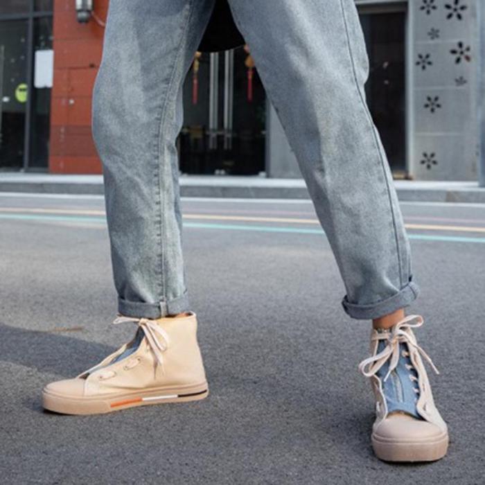 Retro men's zipper lacing mixed color high-top canvas shoes