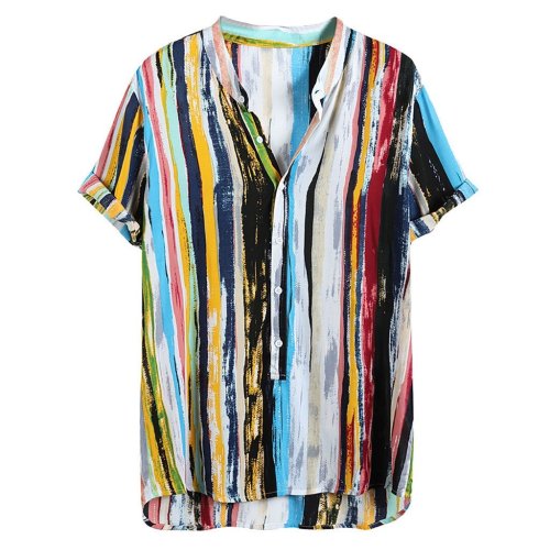 2020 New Summer Men Shirts Casual Multi Color Lump Short Sleeve Round Hem Loose Tops Blouse Tops Camisas Hombre 9701