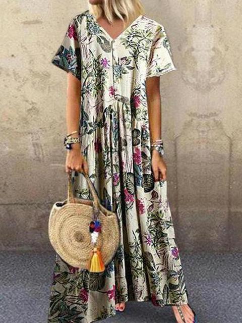 Bohemian Floral Print Button Maxi Dress
