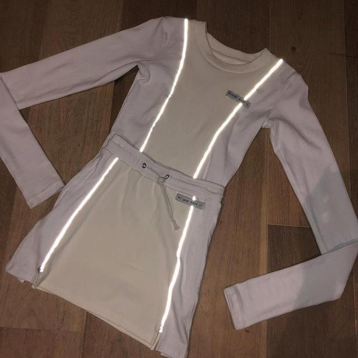 Casual Fashion Reflective Striped Two Piece Outfits Women Long Sleeve Top And Mini Skirt Set