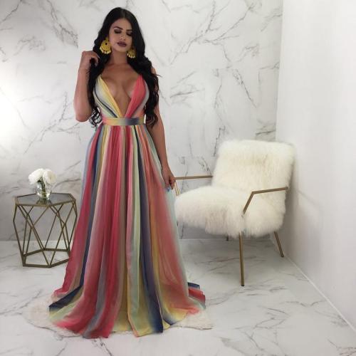 2020 fashion gradient color striped chiffon women dress V-neck backless summer beach dresses all neon store party summer dress