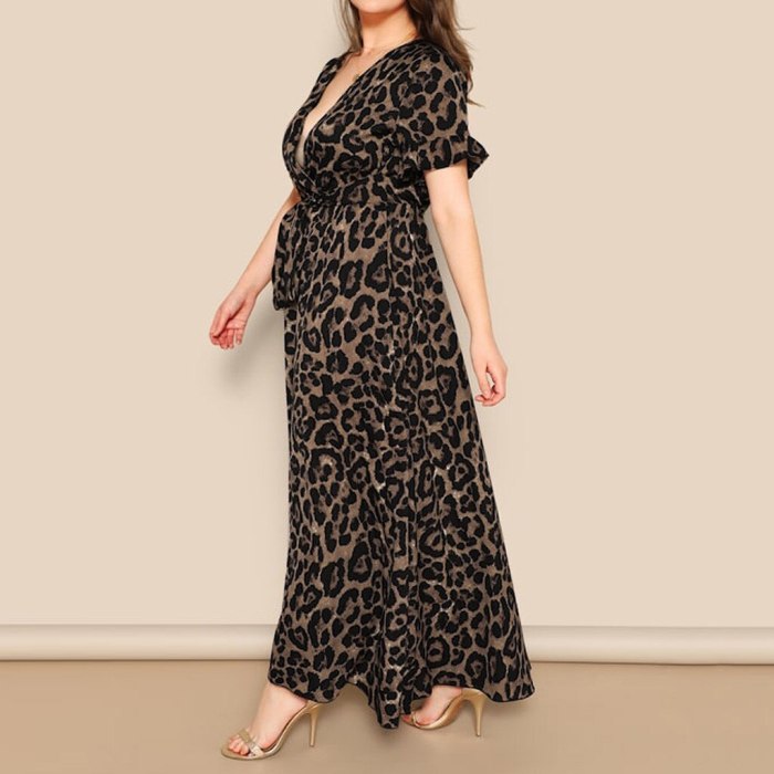 Sexy Plus Size Sashes Leopard Print V-Neck Short Sleeve Bandage Maxi Dress