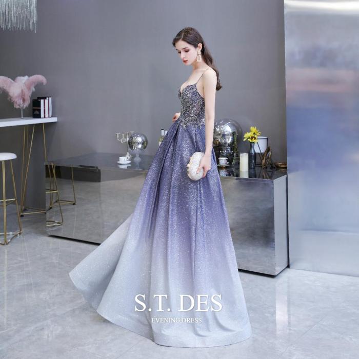 2020 S.T.DES  Brilliant Beaded Embroidery Sequined Blue Satin With Gradient Color A-Line Spaghetti Illusion Evening Dress