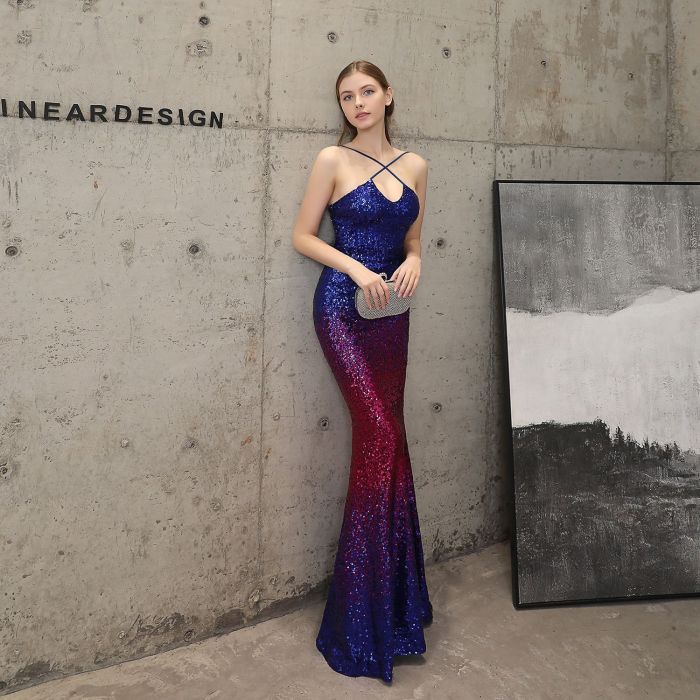 sexy Mermaid Evening Dress proms equins gowns Formal Party evening dresses gradient Dew shoulder evening gown
