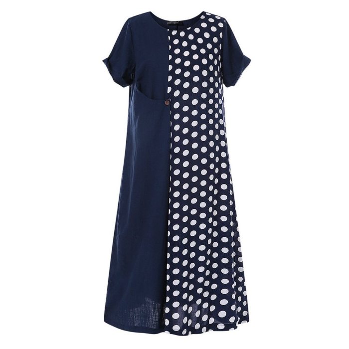 Cotton and Linen Dot Print O-Neck Pockets Long Maxi Dress
