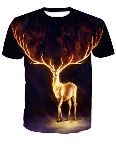 3D Flame Elk Print Galaxy Men Fashion Funny Short Sleeve T-Shirt Tops