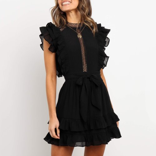 Dreamlip Fashion Solid Color Hollow Ruffle Sleeve Dress
