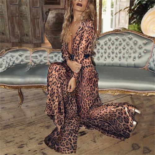 Sexy Deep V-Neck Long Sleeve Leopard-Print Chiffon Maxi Dress