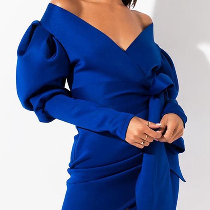 elegant retro long bubble sleeves belted fitted dress
