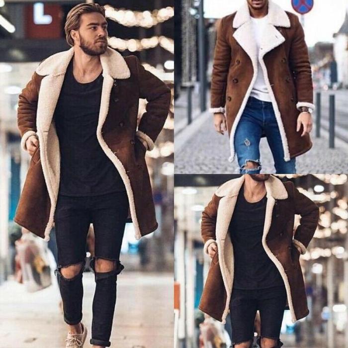 2020 Fashion Men Fur Fleece Blends Brown Color Trench Coat Overcoat Lapel Warm Fluffy Jacket Outerwear Male Boy Warm Jacket