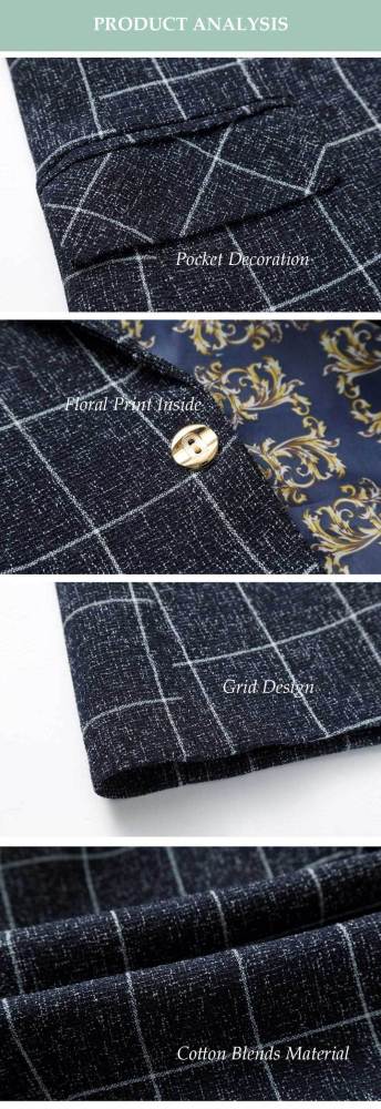 Stylish Grid Design Floral Print Inside Turn Down Collar Male Slim Fit Suit 4684