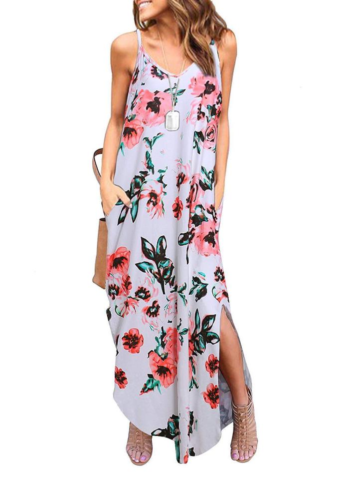 18 Colors Women Casual Spaghetti Strap Dress Summer V neck Pocket Sling Party Maxi Dress Floral Printed Loose Elegant Sundress