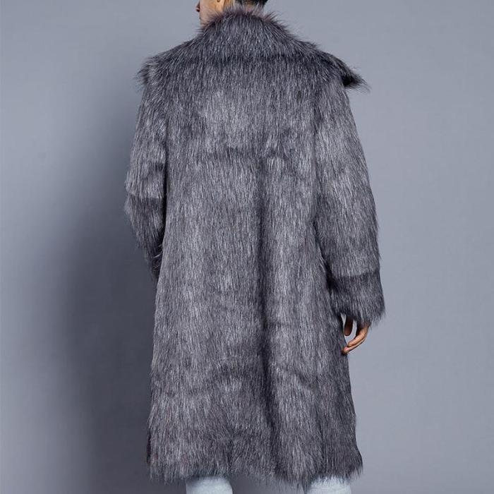 Men's Square Collar Faux Fur Long Coat