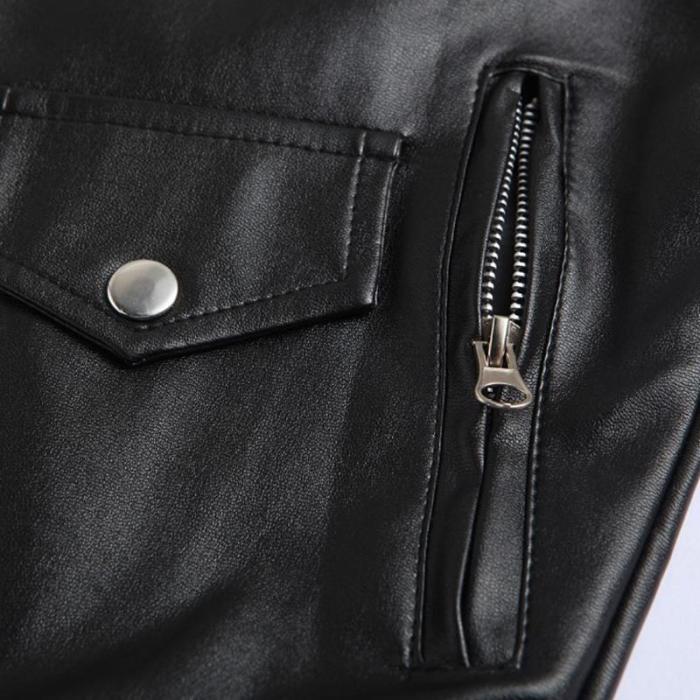 Men's locomotive slim casual lapel zip zip leather jacket