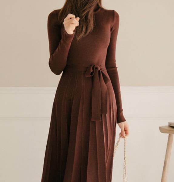 Casual Sexy High Collar Long Style Knitted Sweater Shown Thin Maxi Dress Evening Dress