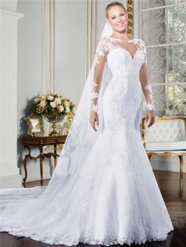 Sheer O-neck Long Sleeve Mermaid Wedding Dress 2019 See Through Illusion Back White Bridal Gowns with Lace Appliques