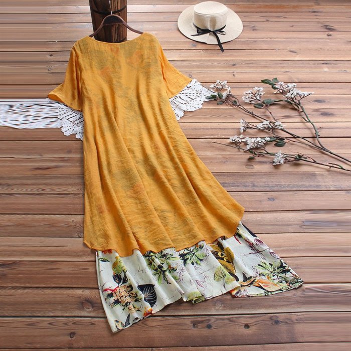 ong dresses Vintage Print Patchwork O-Neck Maxi Dress