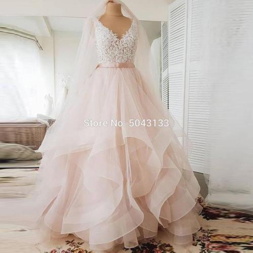 V Neck Ball Gown Blush Pink Wedding Dresses with Appliques 2020 Sexy Backless Ruffle Tulle Skirt Sleeveless Bride Gown with Belt