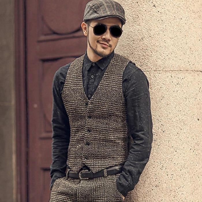 Woolen Casual Plaid European Style Vest Men Slim Fashion Brand Design Suit Vest Waistcoat Fashion M108-2