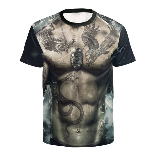 Muscle Tattoo Printed Round Neck Pullover Short Sleeve T-shirt