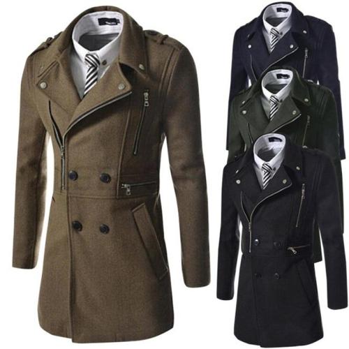 Men Coat Double Breasted Overcoat New Products Men's Fashion Multi-zipper Design Lapel Woollen Coat Turn-down Collar Wool Blend