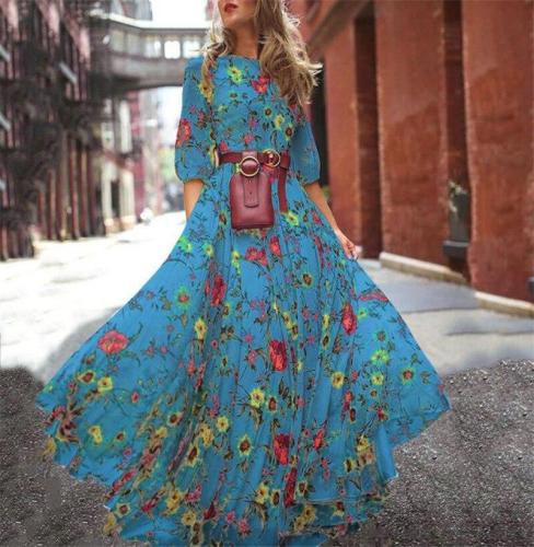 Print Dresses With Big Swing Half Sleeve Round Neck Temperament Fashion Print Chiffon Vacation Dresses