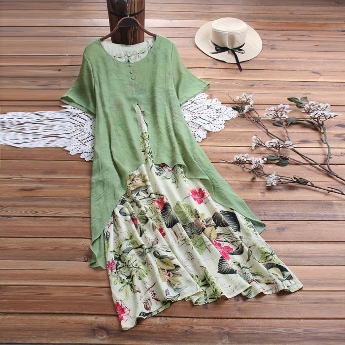 ong dresses Vintage Print Patchwork O-Neck Maxi Dress