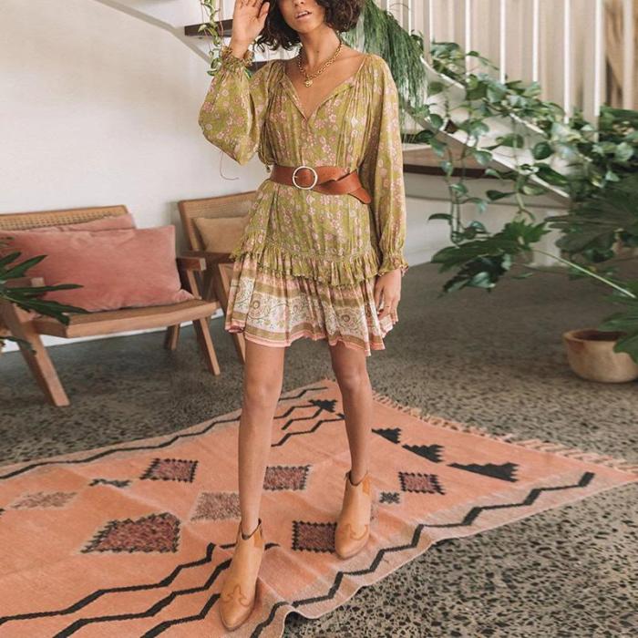 V Neck Long Sleeve Printed Colour Ruffled Belted Loose Dress