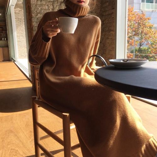Casual High collar   long Shown thin knitted sweater Maxi dress