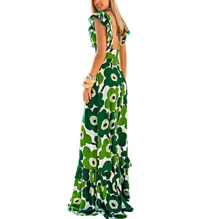 V Neck Sleeveless Bohemia Dress Sexy Long Print Floral Maxi Dresses Backless Sexy Floral 2020 Fashion Maxi Dresses