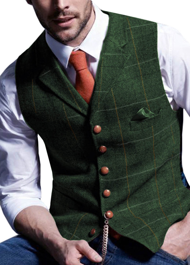 Mens Suit Vest Notched Plaid Wool Herringbone Tweed Waistcoat Casual Formal Business Groomman For Wedding Green/Black/Green/Gray