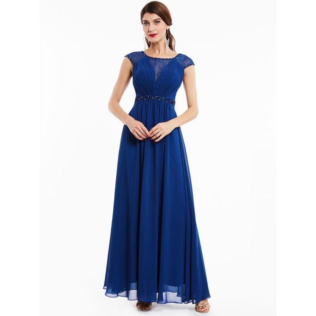 Dressv dark royal blue beading scoop neck long evening dress sleeveless wedding party formal dress a line evening dresses
