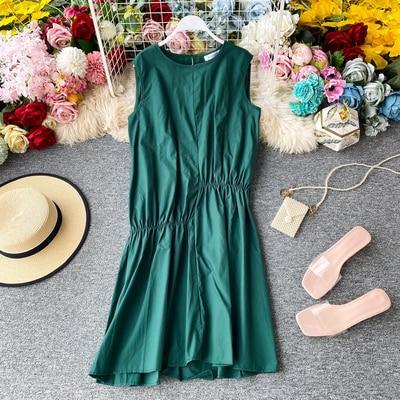 JOYMANMALL Women Simple Fashion Midi Dress Summer Korean Loose Sleeveless A-line Dress Asymmetrical Ruched Simple Midi Dress
