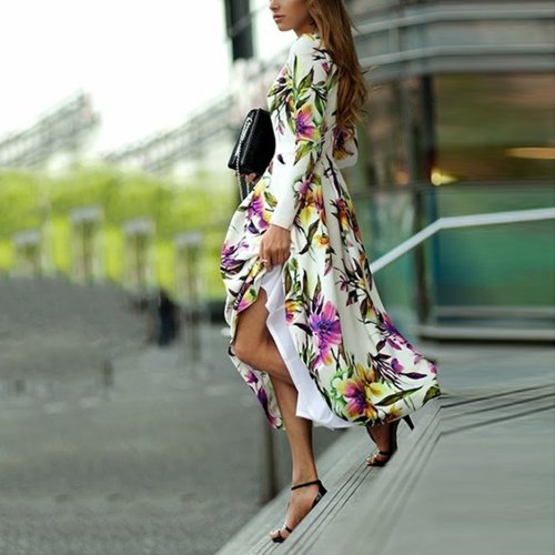 Long-Sleeved Floral Printed Round Collar Expansion Vacation Dress