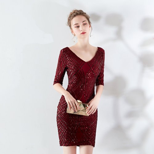 half sleeve v-neck Evening Dresses New Sexy sequins Lady Short Prom Party evening Gown banquet elegant Formal Dress