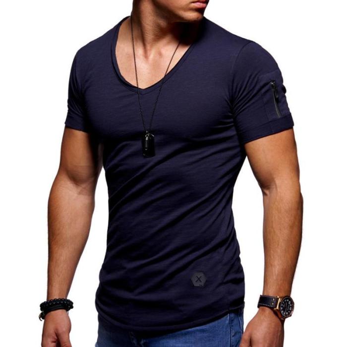 Mens Zipper Design Breathable Solid Color O-neck Short Sleeve T-Shirts