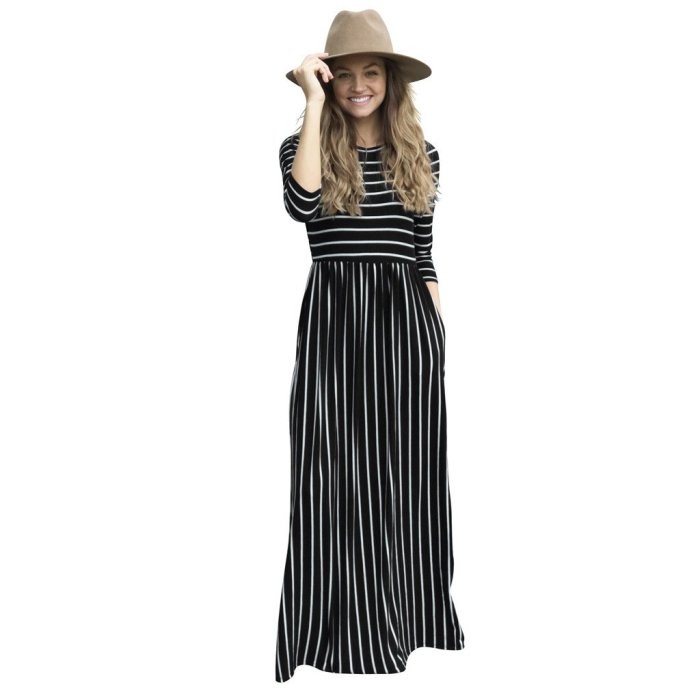 Fashion Women Long Sleeve Striped Printed Casual Pockets Long Maxi Dress