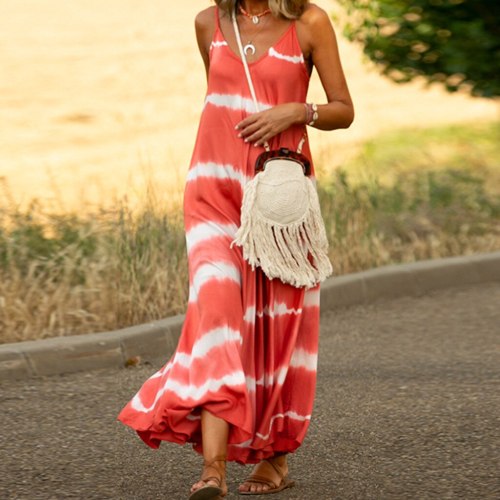 Sexy V Neck Off Shoulder Backless Tie-dyed Print Strap Sleeveless Loose Beach Sundress Maxi Dresses