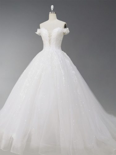 Ball Gown Off-The-Shoulder Court Train Chiffon Wedding Dress With Appliques